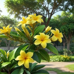 Fototapeta premium A bright yellow frangipani flower blooms in a lush green garden, its petals gently swaying in the soft morning breeze, botanical, frangipani, plant