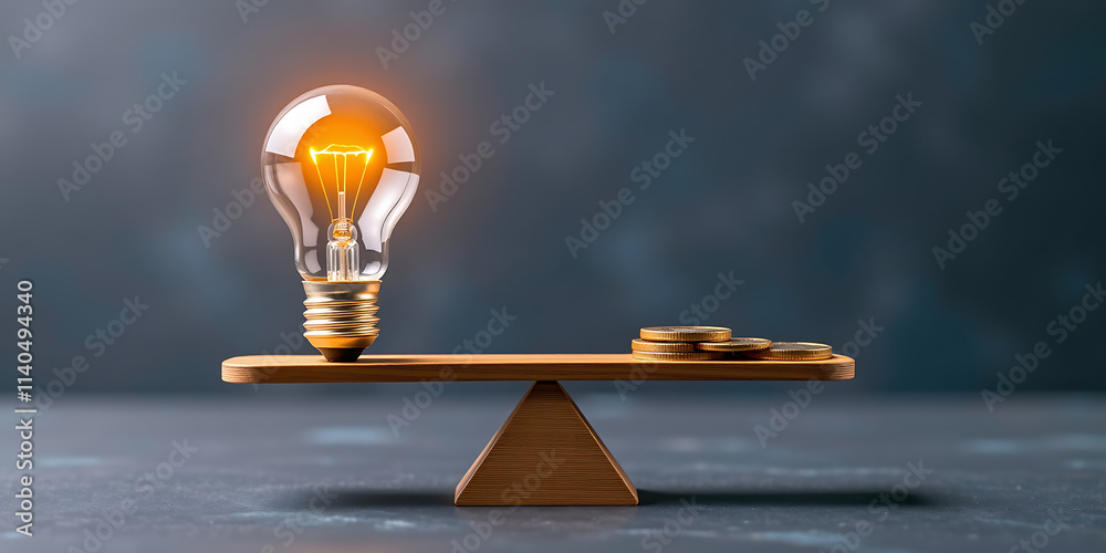 Wall mural balance in business - a scale balancing an idea bulb on one side and coins on the other. backdrop ba