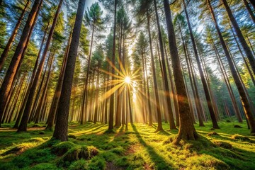 Sunlight streaming through trees in forest