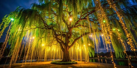Low Light Weeping Willow Photography: Glowing Vines & Tree, Night Scene, Magical Forest, Dark Fantasy, Illuminated Nature