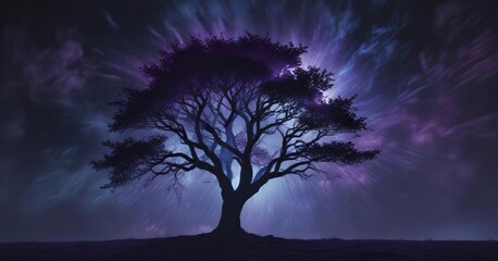 Fototapeta premium Dark purple mist swirling around a lone tree in front of a black background with blue streaks, streaks, forest, blue