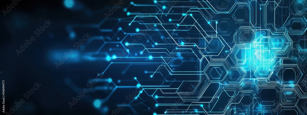 Poster abstract technology background with blue light and circuit design featuring hexagonal patterns, digi