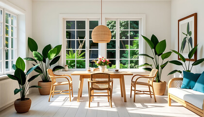 Fototapeta premium Natural light-filled breakfast room with rattan furniture and leafy plants. background copyspace