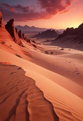 Dark red desert sunset with twisted rock formations and sandy dunes stretching into the distance, barren, sand, sunset