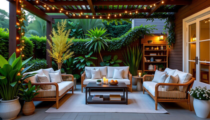 Fototapeta premium Outdoor living space with rattan furniture fairy lights and lush greenery. background copyspace
