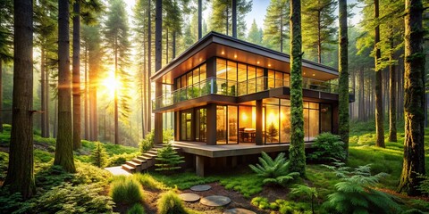 Fototapeta premium Lush Forest Architecture: Green Nature Homes, Eco-Friendly Design, Sustainable Building, Wooden Cabins, Treehouse Architecture, Nature Inspired Homes