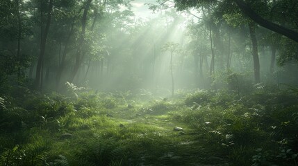 Fototapeta premium Sunlight streams through a misty forest glade.