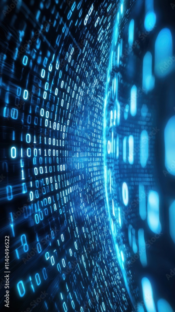 Fototapete futuristic digital landscape with binary code flowing in a circular motion, creating an abstract bac