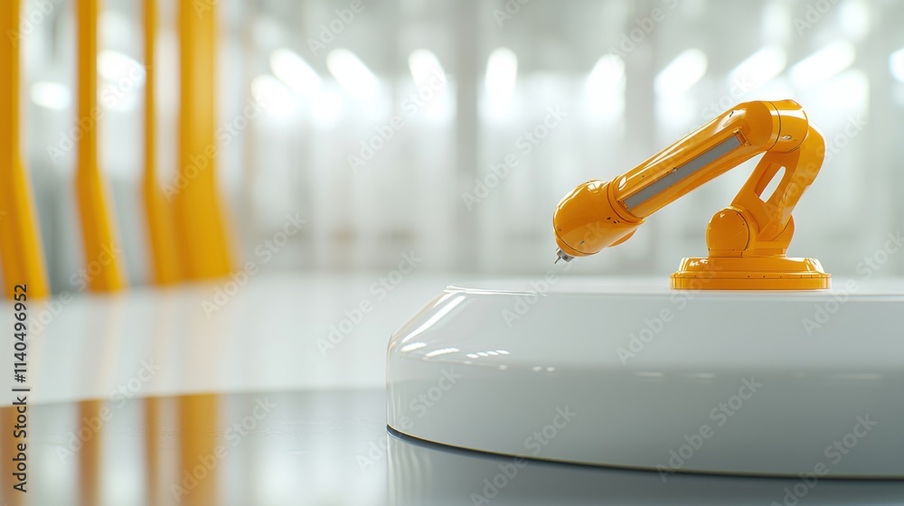 Poster advanced automation technology with a bright orange robotic arm in a high-tech factory setting focus