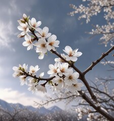 Obraz premium Delicate white blossoms on bare almond tree branches against a cold winter sky, peaceful forest, winter blooming