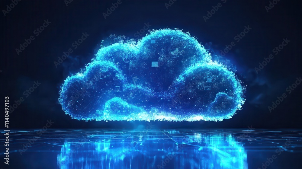 Poster expert discussing it cloud computing security solutions in a futuristic digital environment with blu
