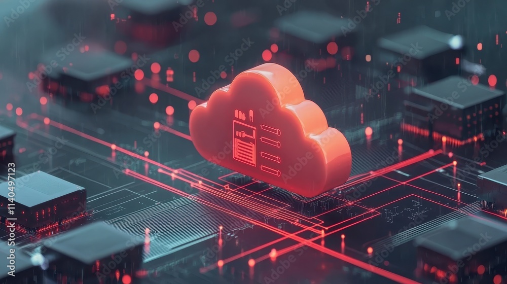 Poster cloud computing expert discussing it security solutions with digital technology concepts and red vis