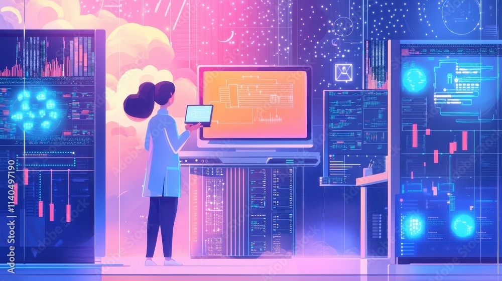 Poster technician configuring virtual machines in a modern cloud environment with colorful data visualizati