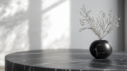 Minimalist black marble vase with dried flowers on a black marble table. Concept of interior design, simplicity, elegance.