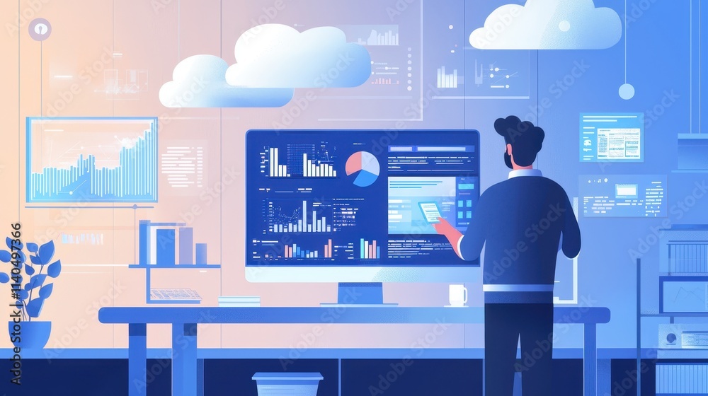 Poster data analyst using cloud computing tools to process information and visualize analytics in modern wo