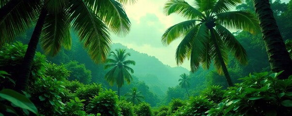 dense foliage greenery palm trees forest canopy, jungle, canopies, vegetation