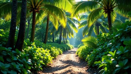 Obraz premium Dense foliage of palmetto bushes with sunlight filtering through, casting dappled shadows on the ground, undergrowth, dappled