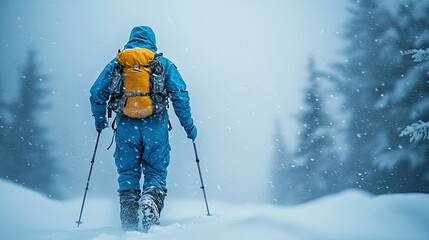 A lone hiker with a backpack and trekking poles navigates a snowy forest path during a blizzard.