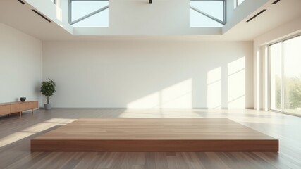Fototapeta premium Elevated Wooden Platform in a Minimalist Room with Sunlight Streaming Through Windows