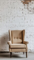 [Modern fabric tufted chair against grayblue wall with color transition] Simple Tufted Chair Against Gray-Blue Wall Background with Warm Lighting Interior Photography