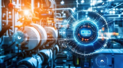 Obraz premium Advanced Industrial Technology with Digital Interface Overlaid on Manufacturing Equipment in a Modern Factory Setting for Future-Ready Innovations