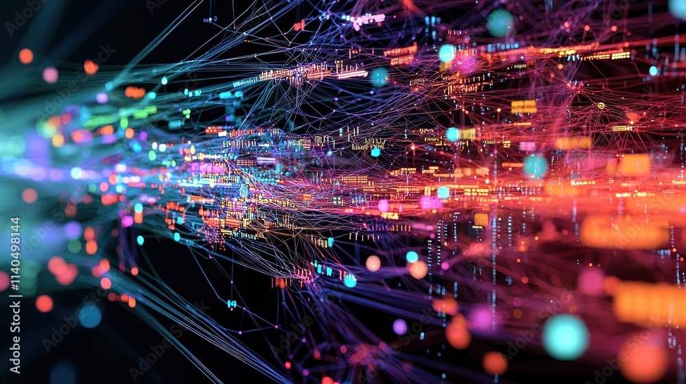 Poster abstract digital representation of blockchain ledger with colorful data streams and connections
