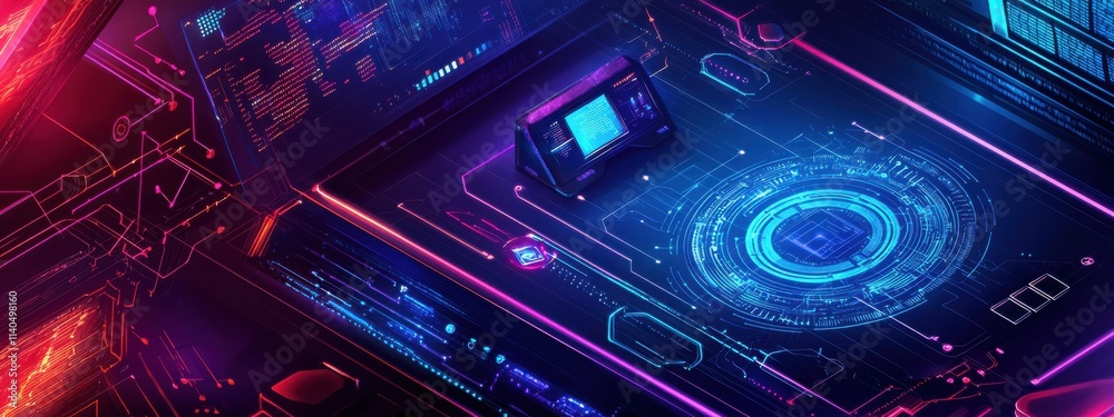 Poster futuristic digital interface with glowing neon elements and intricate patterns, showcasing advanced 