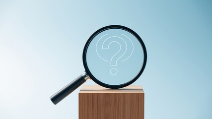 Magnifying Glass on Wooden Block Shows Question Mark, Seeking Answers and Solutions