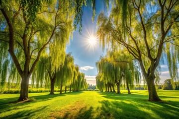 Sunny meadow framed by willow trees