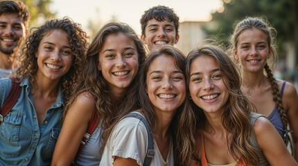 Fototapeta premium Group of multiethnic young people having fun outdoors and smiling at the camera