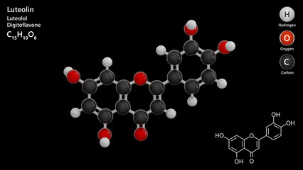 Molecule: Luteolin. Medicament. Molecular structure. Formula: C15H10O6. Chemical model: Ball and stick. Black background. 3D illustration.