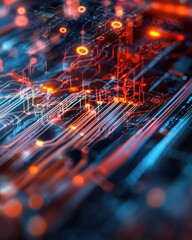 Obraz premium Abstract Electronic Circuit Background with Digital Lines and Glowing Nodes in Blue and Orange, Representing Data Flow and Technology Innovation in Modern Systems
