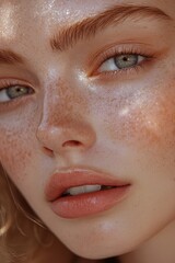 Fototapeta premium Close-up portrait of a freckled woman studio setting beauty photography natural light intimate perspective unique features