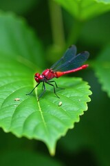 Fototapeta premium Dragonfly resting on a leaf with a few veins visible Rhyothemis phylis, insect life, natural habitat