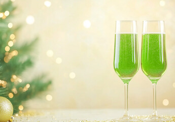 Two elegant champagne flutes filled with bright green sparkling drink, New Year celebration, blurred background with golden bokeh lights and a Christmas tree.
