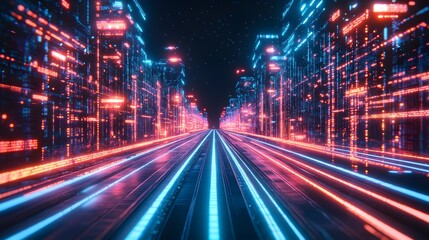 Fototapeta premium Futuristic cityscape with neon lights and digital effects creating a vibrant atmosphere.