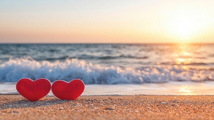Fototapeta premium Two red hearts on a sandy beach at sunset.