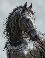 A horse dressed as a knight with shining armor 