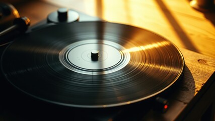 Warm sunlight illuminates a vinyl record spinning on a turntable