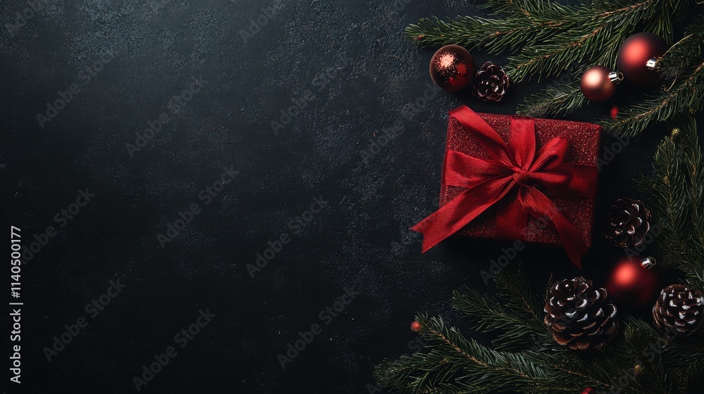 Wall mural Festive Red Gift Box Wrapped with Bow Surrounded by Green Pine Branches, Ornaments, and Pinecones on Dark Background, Perfect for Holiday Celebrations