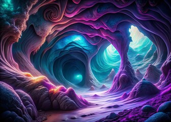 Macro 3D Rendered Cave: Purple & Turquoise Wavy Forms - Abstract Fantasy Photography