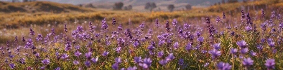 Fototapeta premium Field of Purple Wildflowers Swaying in Autumn Breeze, field, nature, landscape
