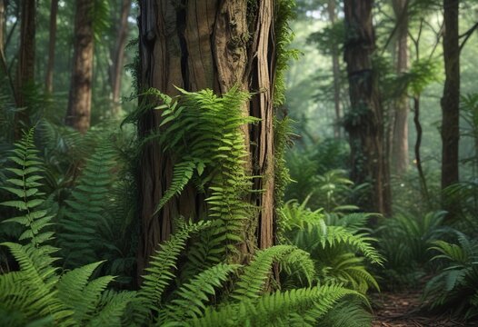 Ferns and other non-woody plants thriving on tree trunks and branches in Borneo Forest , tree trunks, Barito Timur, foliage