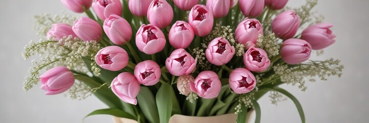 bouquet of mixed pink tulips and baby's breath, soft petals, feminine arrangement