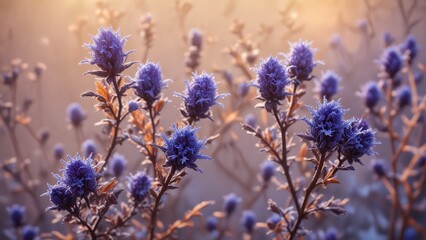 Obraz premium Blue-purple flower buds with orange undertones, frosted and lacy, in a warm and sunlit environment, frosted, purple