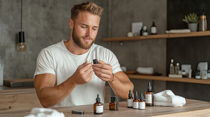 Junger Mann mit Bart pr&uuml;ft Pflege&ouml;l in einem modernen Badezimmer