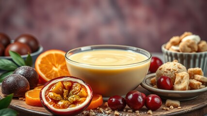 Delicious Creamy Dessert with Passion Fruit, Orange Slices, and Cherries