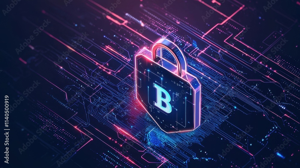 Poster 3d visual representation of secure blockchain technology with lock symbol and digital background