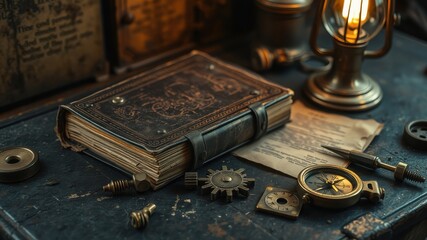 An antique leather-bound journal rests on a dark surface amidst vintage mechanical components and an old-fashioned lamp, suggesting a scene of forgotten adventures and untold stories.