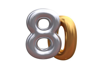 Numeral 80 - Golden plastic balloon number 10 isolated on white background. 3D style vector illustration.